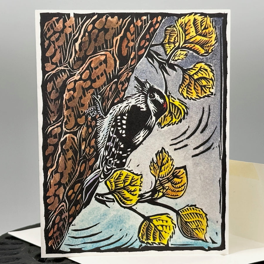 Original woodblock print card by Claire Emery--Downy Woodpecker: Gumption and Grit, front