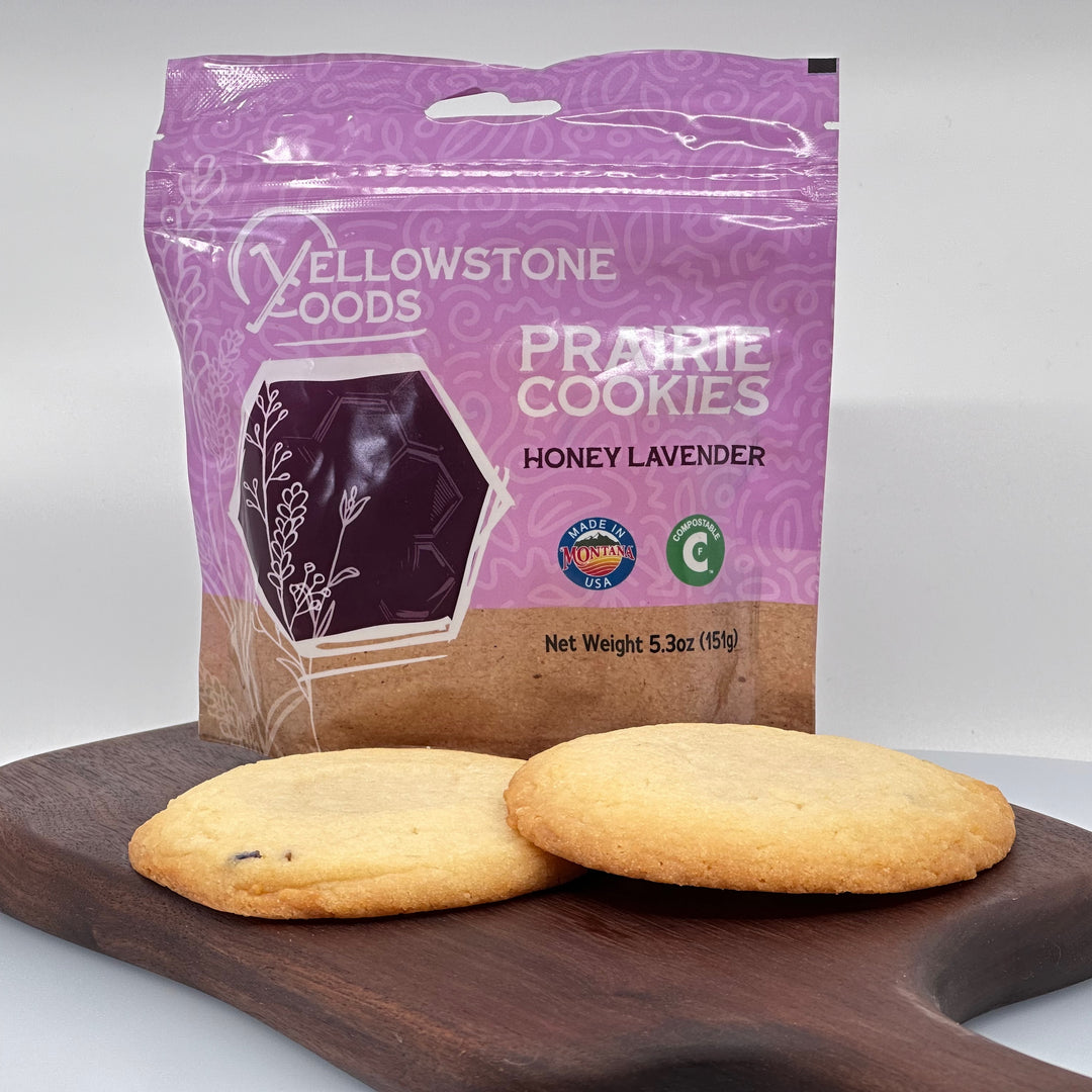 5.3 oz bag of Yellowstone Foods' Prairie Honey Lavender Cookies cookies (2 cookies), front