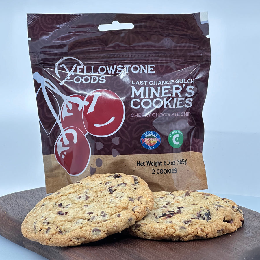 5.7 oz bag of Yellowstone Foods' Last Chance Gulch Miner's Cherry Chocolate Chip Cookies cookies (2 cookies), front