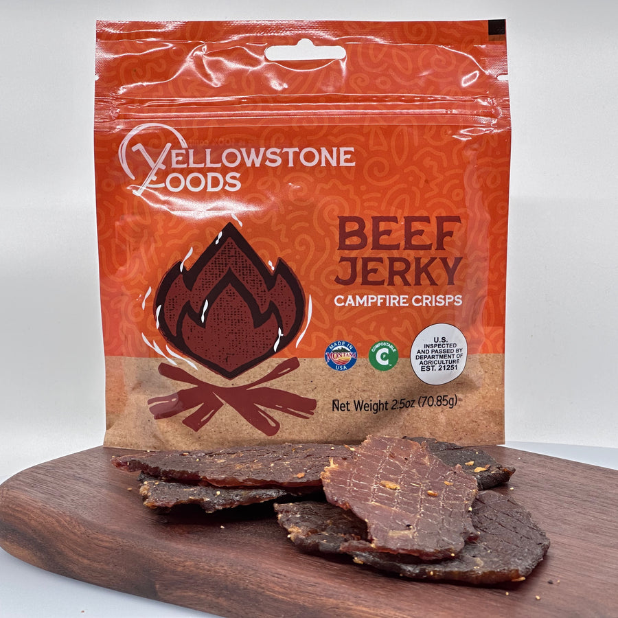 2.5 oz bag of Yellowstone Foods' Campfire Crisps Beef Jerky, front