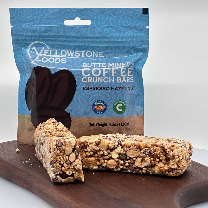 4.2 oz bag of Yellowstone Foods' Butte Miner's Coffee Crunch Espresso Hazelnut Bars (2 bars), front