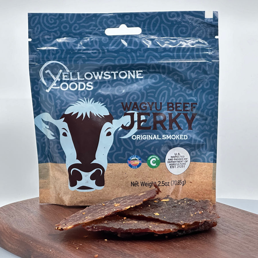 2.5 oz bag of Yellowstone Foods' Original Smoked Wagyu Beef Jerky, front