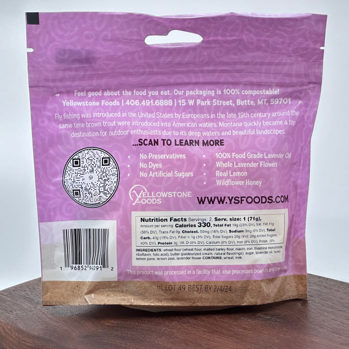 5.3 oz bag of Yellowstone Foods' Prairie Honey Lavender Cookies cookies (2 cookies), description & nutrition facts