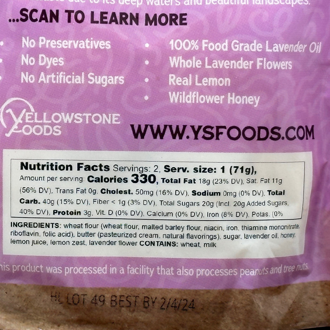 5.3 oz bag of Yellowstone Foods' Prairie Honey Lavender Cookies cookies (2 cookies), ingredients & nutrition facts
