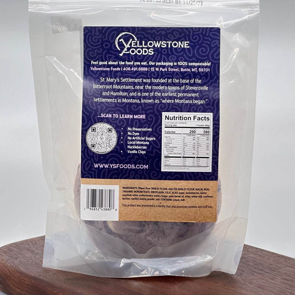 5.4 oz bag of Yellowstone Foods' Bitterroot Valley Trail Huckleberry Vanilla Chip cookies (2 cookies), description & nutrition facts