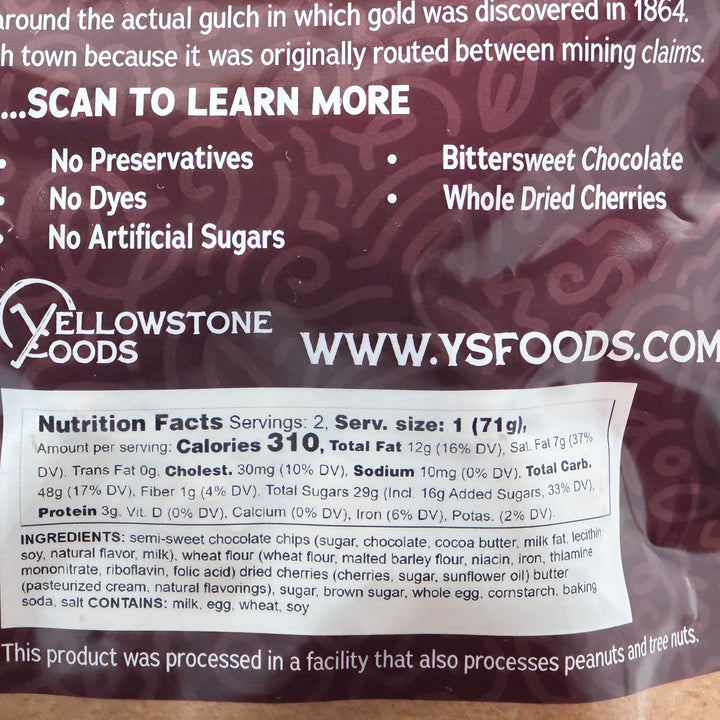 5.7 oz bag of Yellowstone Foods' Last Chance Gulch Miner's Cherry Chocolate Chip Cookies cookies (2 cookies), ingredients & nutrition facts