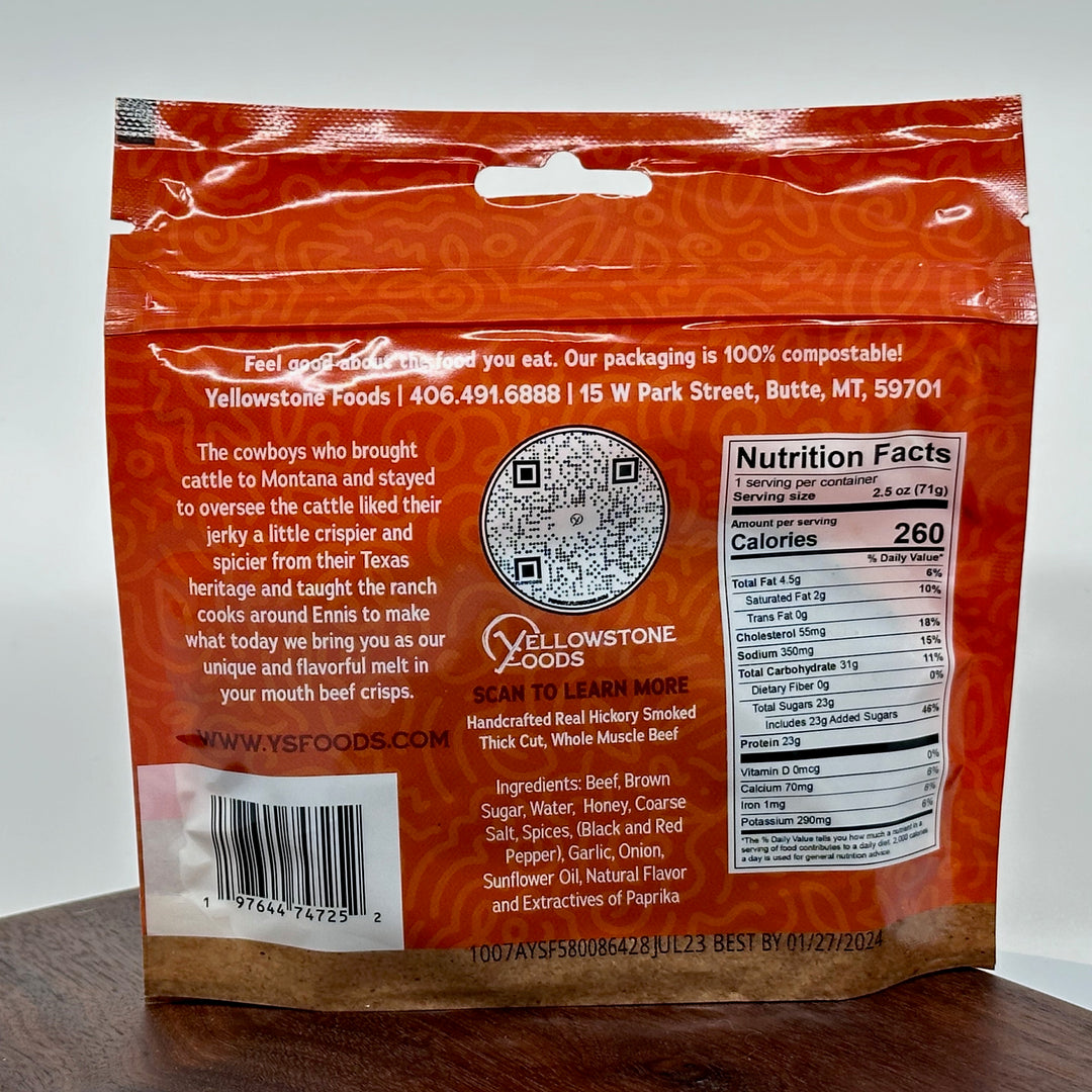 2.5 oz bag of Yellowstone Foods' Campfire Crisps Beef Jerky, description & nutrition facts