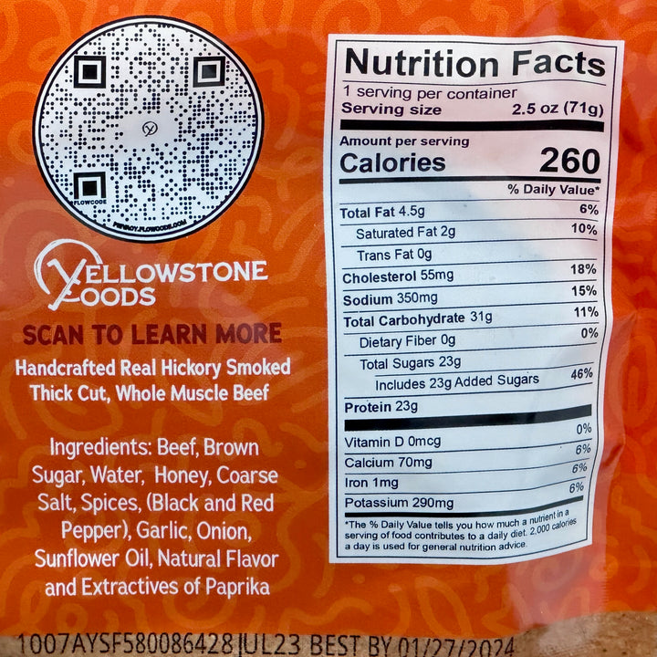2.5 oz bag of Yellowstone Foods' Campfire Crisps Beef Jerky, ingredients & nutrition facts