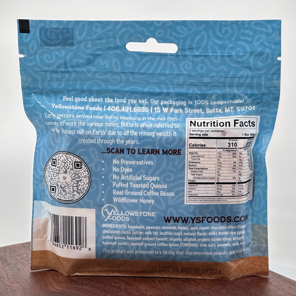 4.2 oz bag of Yellowstone Foods' Butte Miner's Coffee Crunch Espresso Hazelnut Bars (2 bars), description & nutrition facts