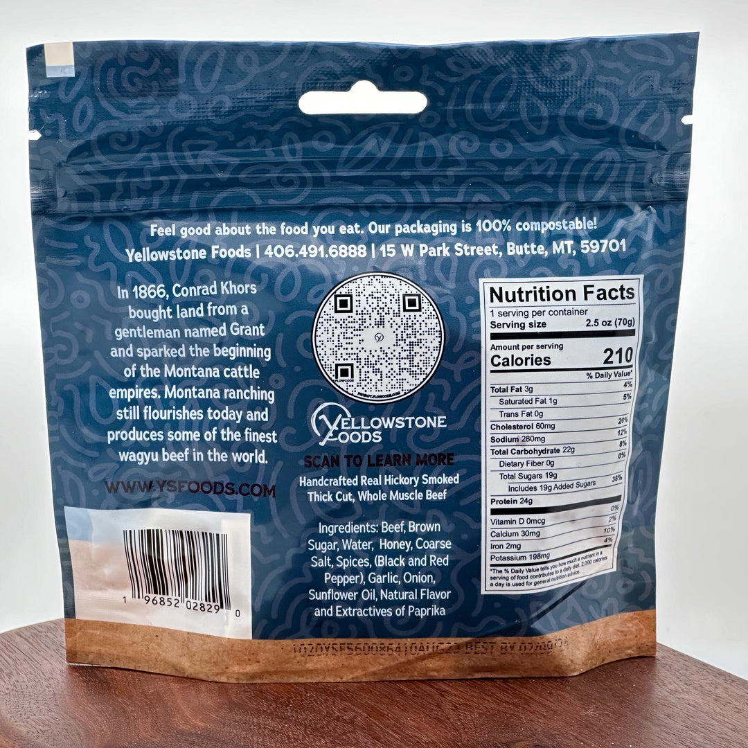 2.5 oz bag of Yellowstone Foods' Original Smoked Wagyu Beef Jerky, description & nutrition facts