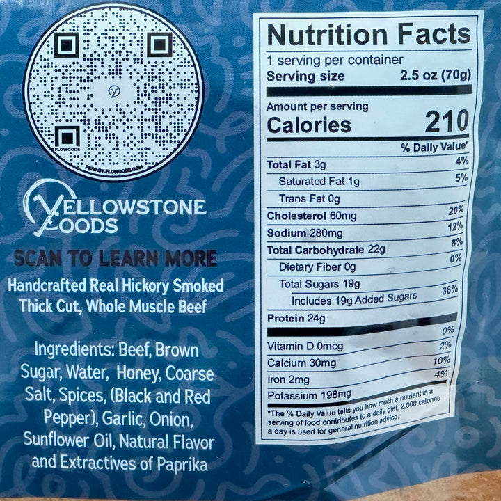 2.5 oz bag of Yellowstone Foods' Original Smoked Wagyu Beef Jerky, ingredients & nutrition facts