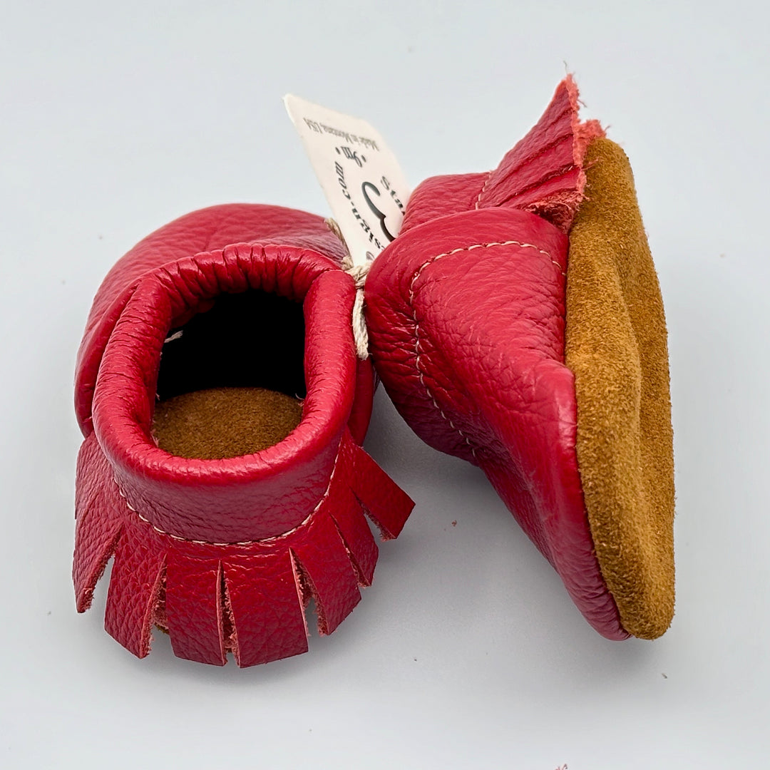 Pair of Starry Knight Design leather moccasins / baby booties, cherry red with fringe, heel