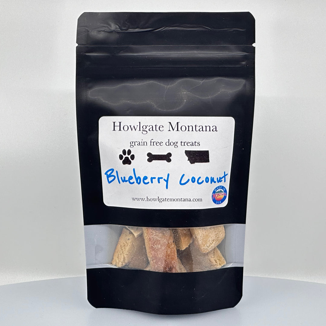 Package of Howlgate Montana grain free, blueberry coconut grain free dog treats, front