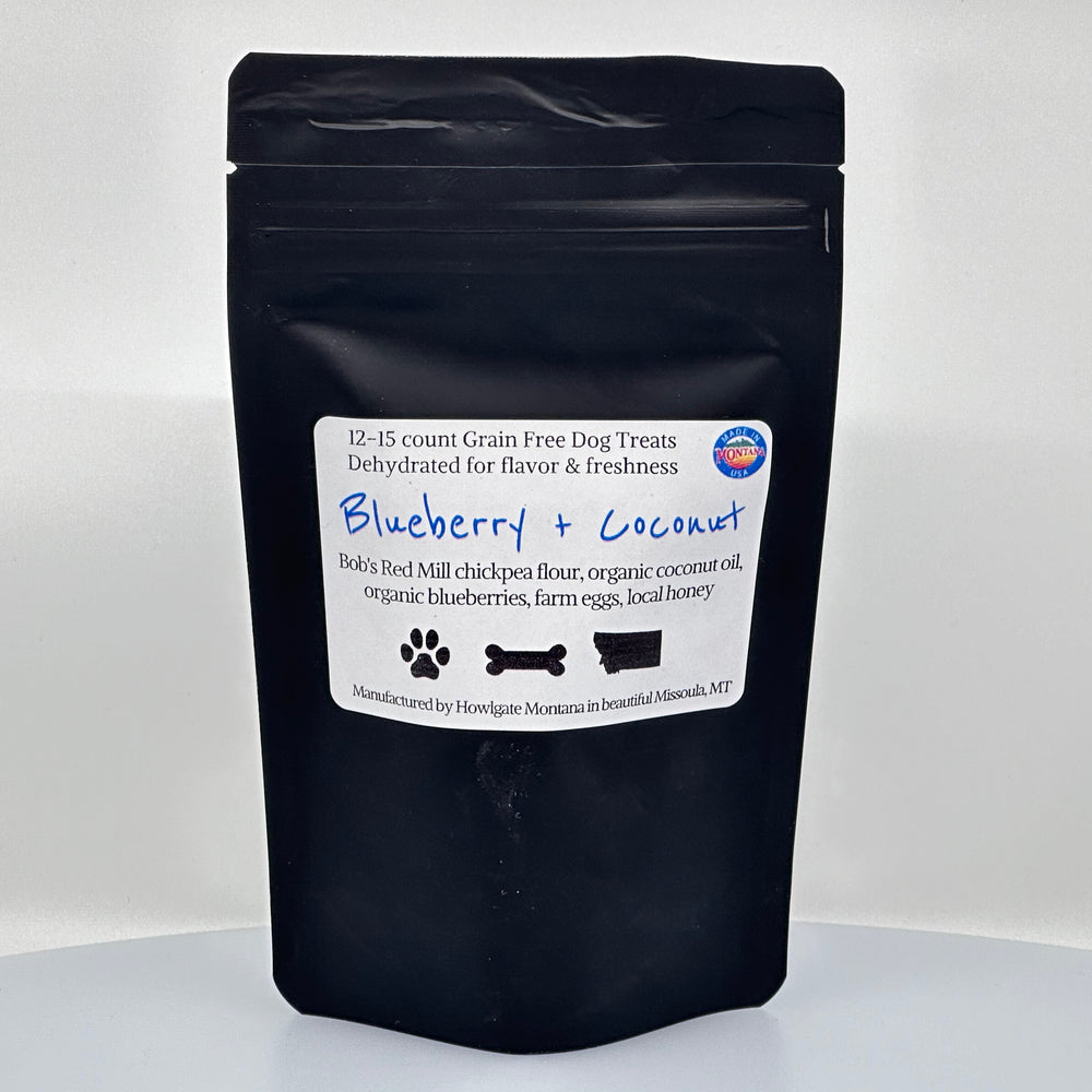 Package of Howlgate Montana grain free, blueberry coconut grain free dog treats, description & ingredients