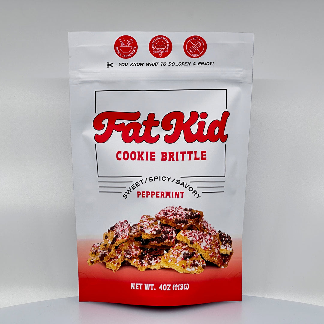 4 oz. package of Fat Kid Peppermint Cookie Brittle, front