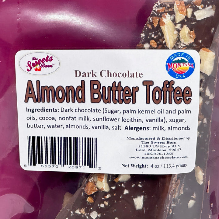 4 oz. bag of Lolo Sweets Barn Dark Chocolate Almond Butter Toffee, ingredients