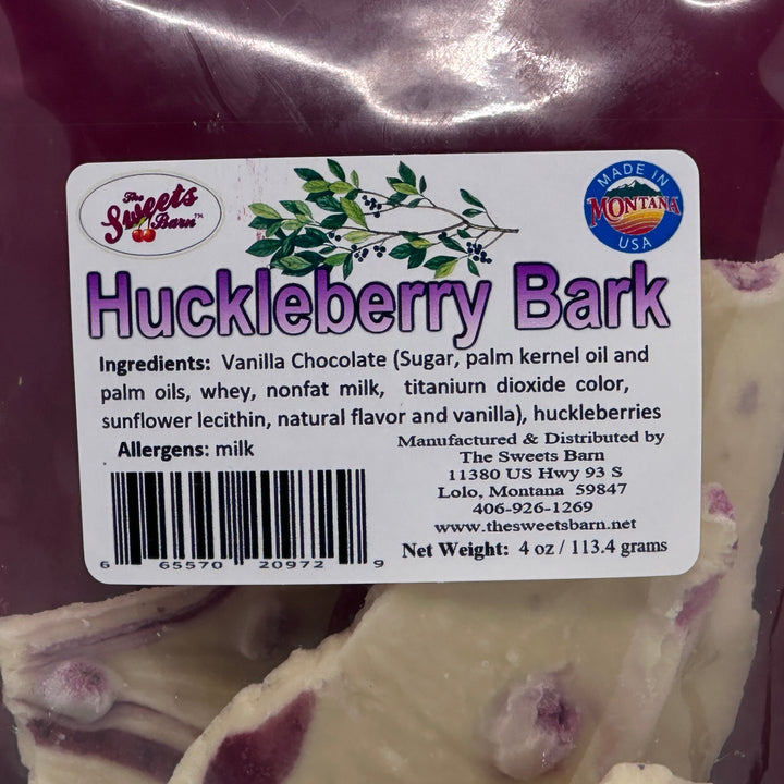 4 oz. bag of Lolo Sweets Barn White Chocolate Huckleberry Bark, ingredients