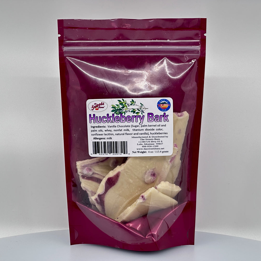 4 oz. bag of Lolo Sweets Barn White Chocolate Huckleberry Bark, front
