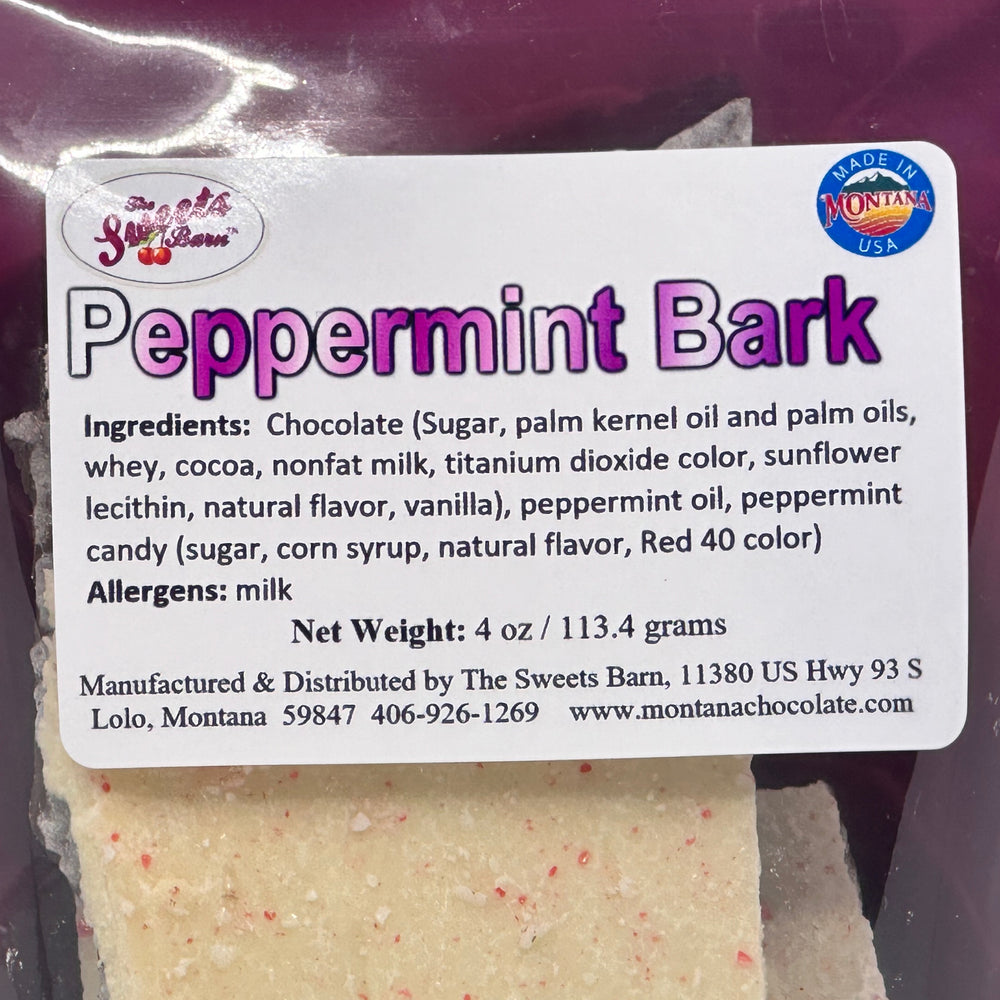 4 oz. bag of Lolo Sweets Barn Chocolate Peppermint Bark, ingredients