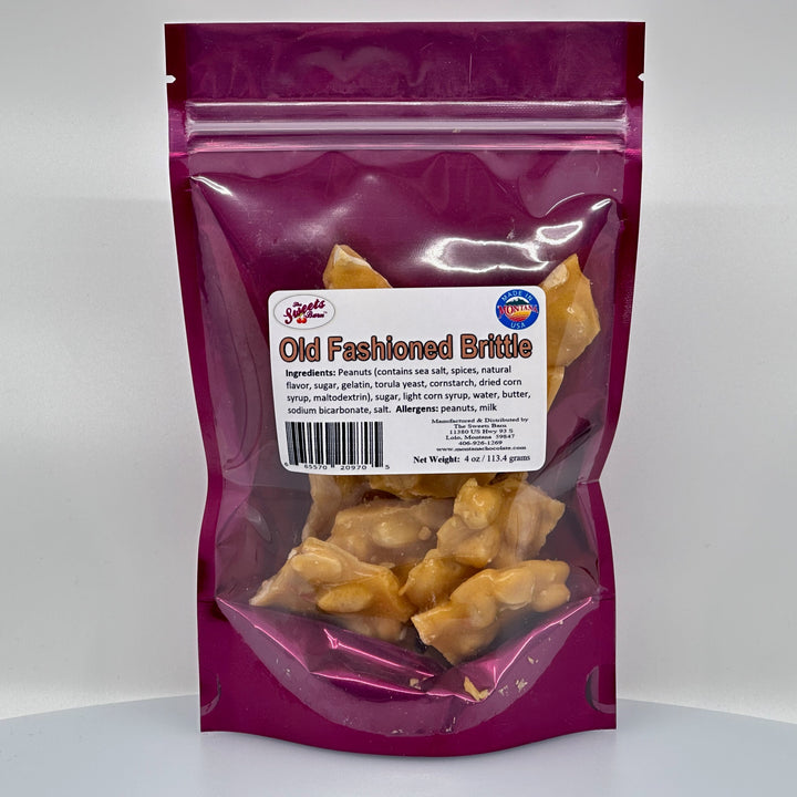 4 oz. bag of Lolo Sweets Barn Old Fashioned Peanut Brittle, front