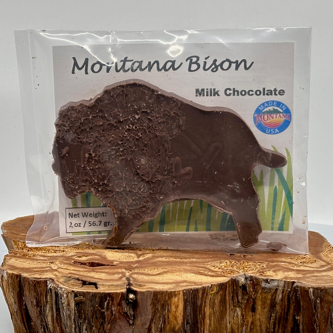2 oz. bar of Lolo Sweets Barn Milk Chocolate, in the shape of a bison, front