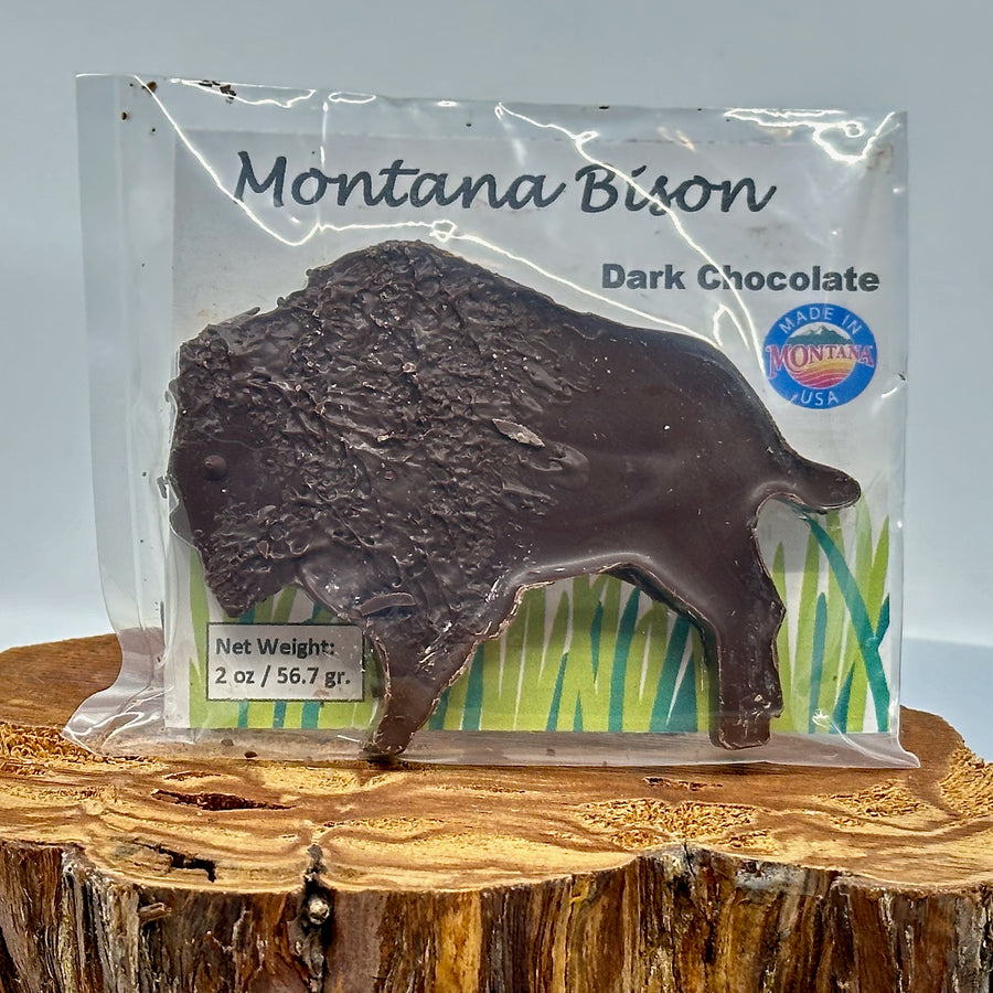 2 oz. bar of Lolo Sweets Barn Dark Chocolate, in the shape of a bison, front