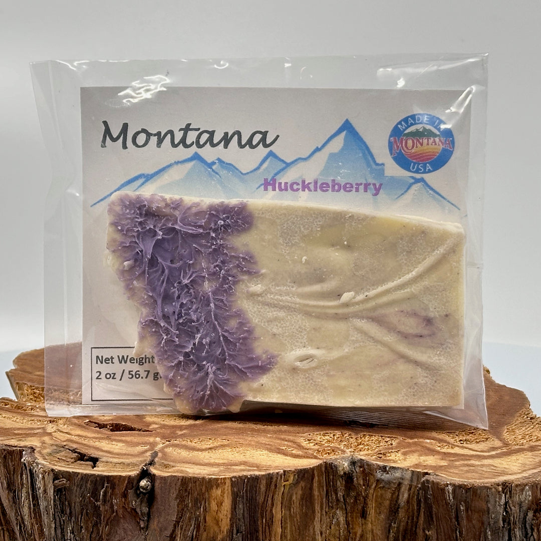 2 oz. bar of Lolo Sweets Barn Huckleberry White Chocolate, in the shape of the state of Montana, front