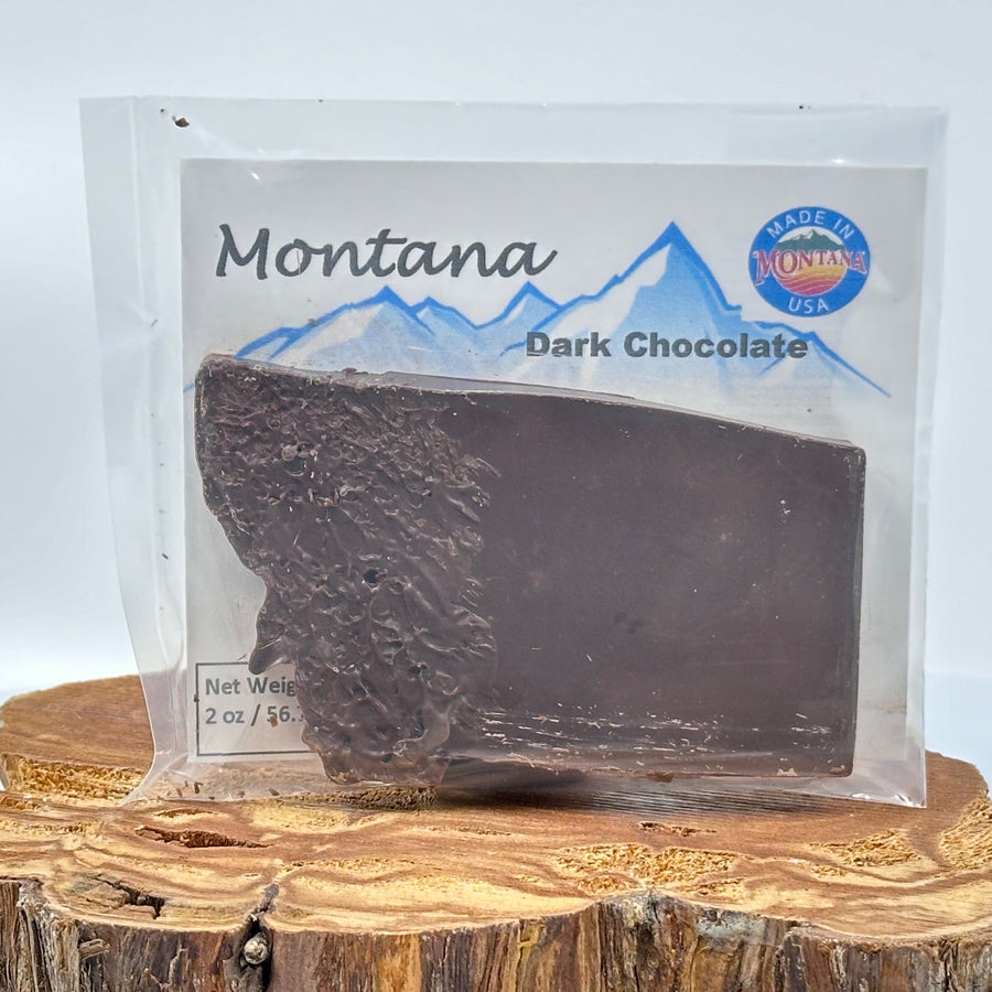 2 oz. bar of Lolo Sweets Barn Dark Chocolate, in the shape of the state of Montana, front