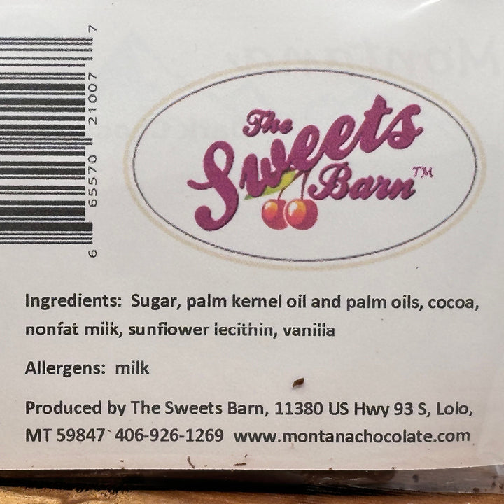 2 oz. bar of Lolo Sweets Barn Dark Chocolate, in the shape of the state of Montana, ingredients
