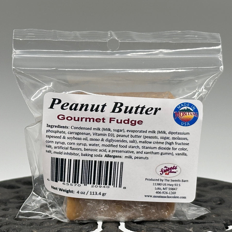 4 oz. package of Lolo Sweets Barn Gourmet Peanut Butter Fudge, front