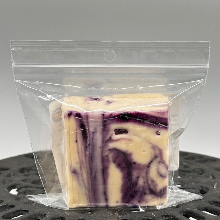 4 oz. package of Lolo Sweets Barn Gourmet White Chocolate Huckleberry Fudge, back