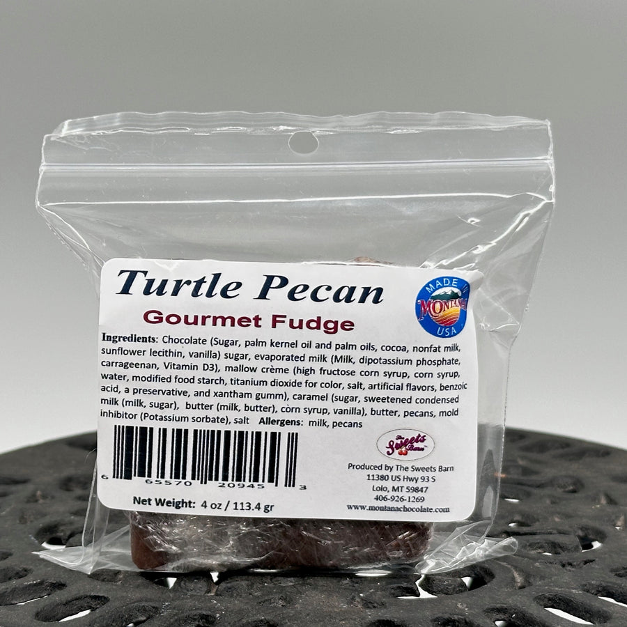 4 oz. package of Lolo Sweets Barn Gourmet Turtle Pecan Fudge, front