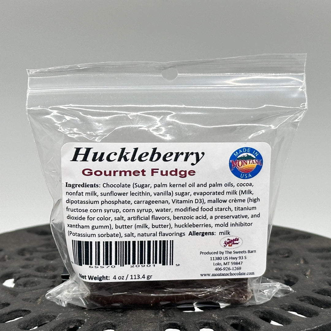 4 oz. package of Lolo Sweets Barn Gourmet Chocolate Huckleberry Fudge, front