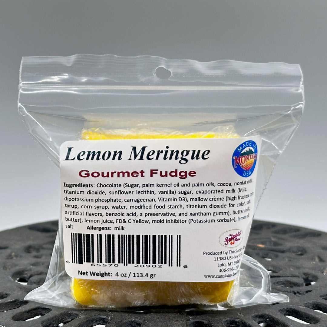 4 oz. package of Lolo Sweets Barn Gourmet Lemon Meringue Fudge, front