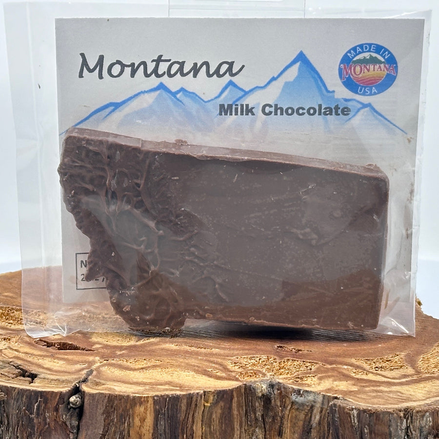 2 oz. bar of Lolo Sweets Barn Milk Chocolate in the shape of the state of Montana, front