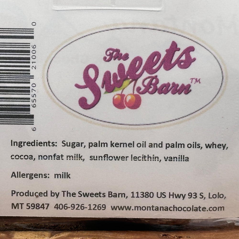 2 oz. bar of Lolo Sweets Barn Milk Chocolate in the shape of the state of Montana, ingredients