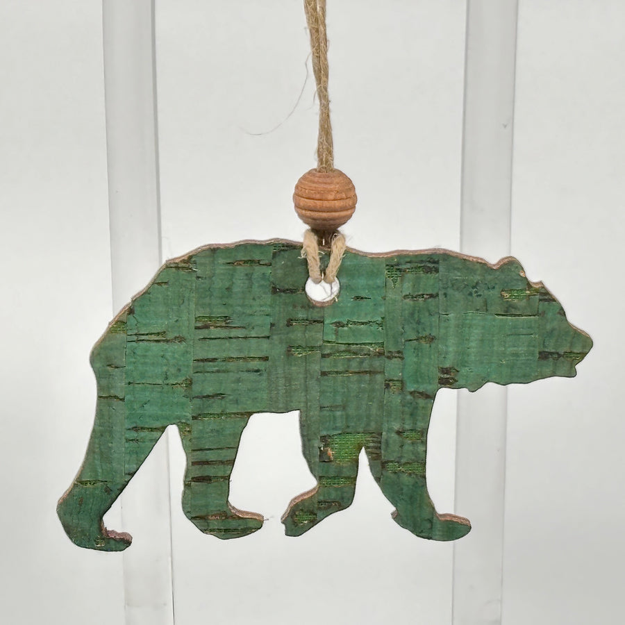 Last Best Supply Co Cork and Wood Bear Ornament, dark green