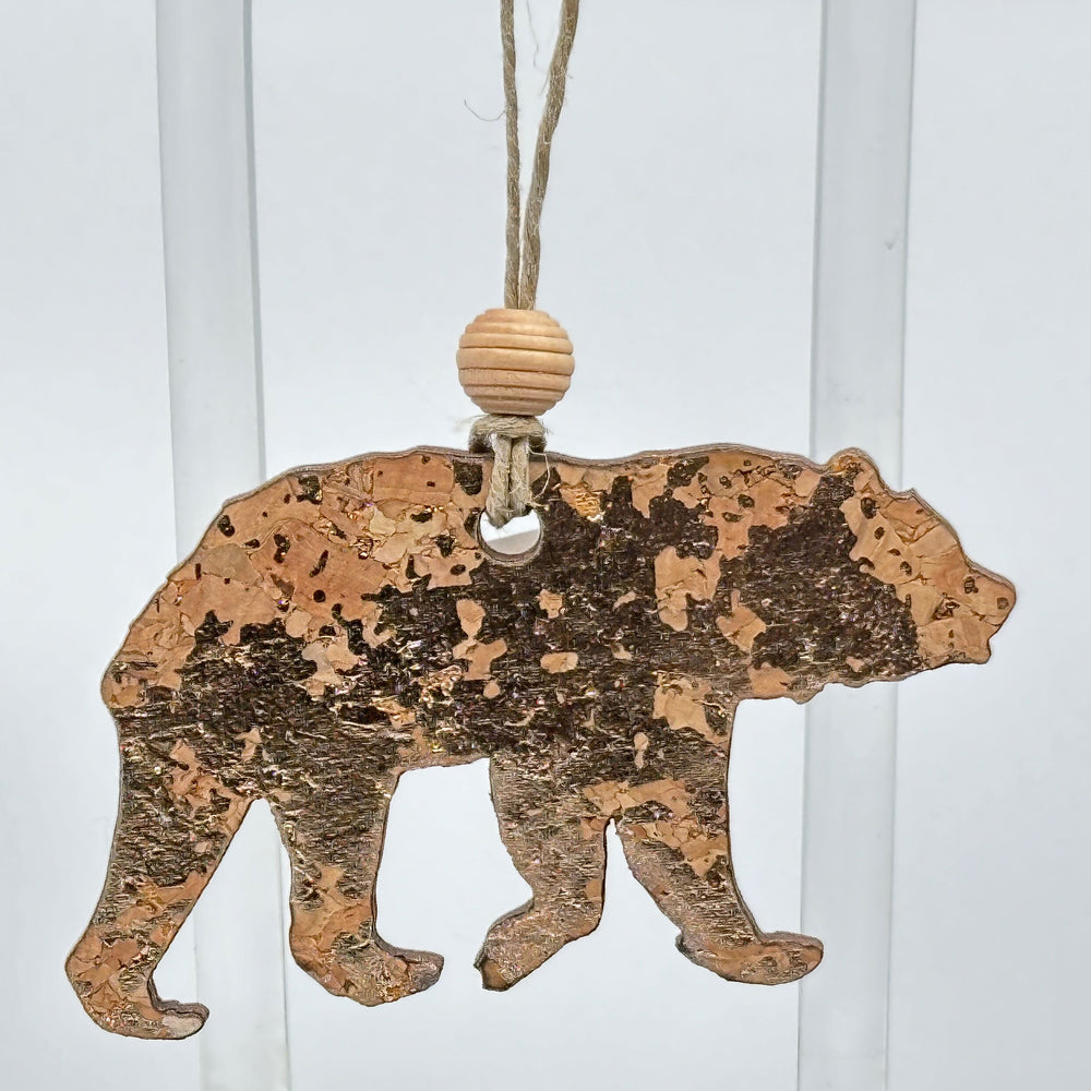 Last Best Supply Co Cork and Wood Bear Ornament, gold