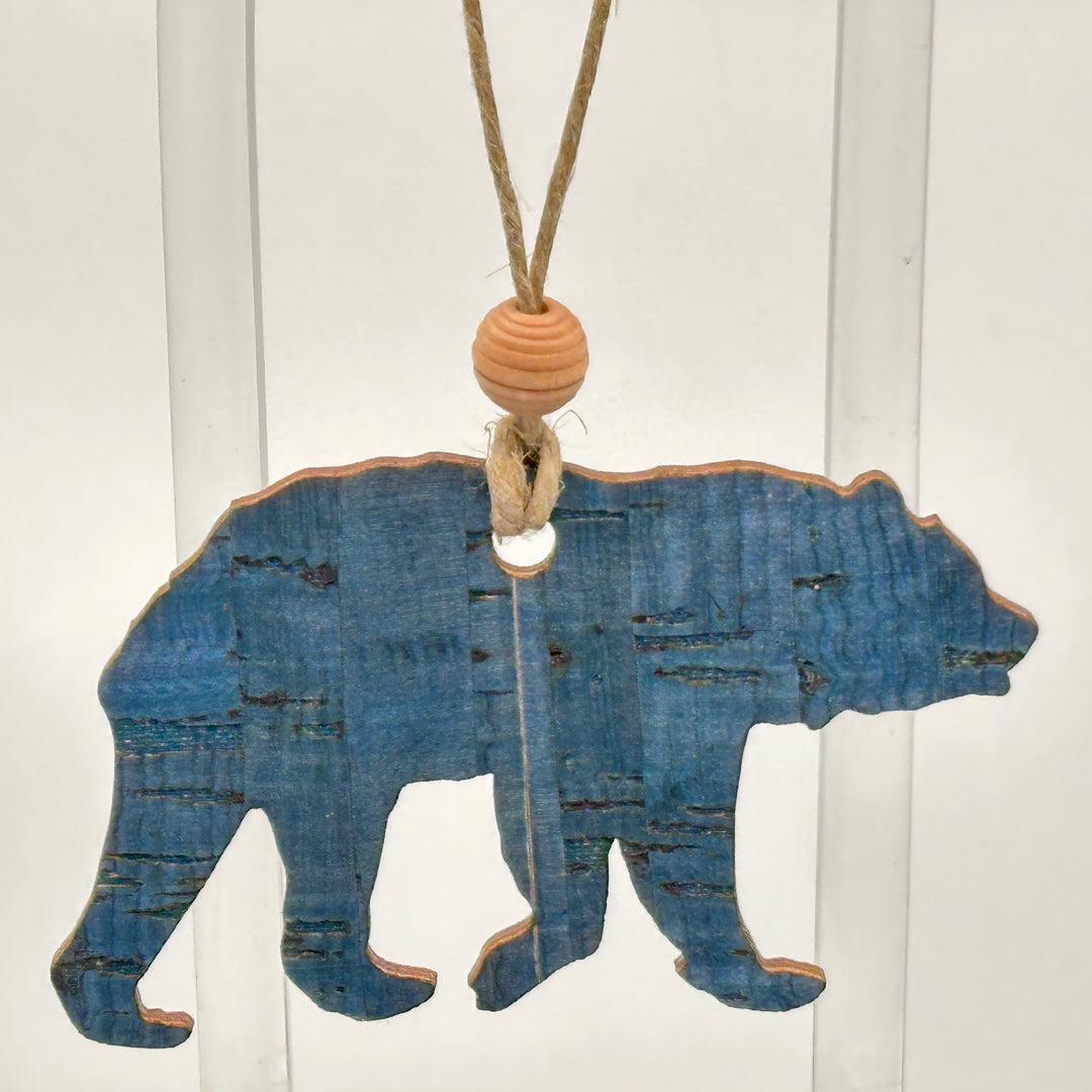 Last Best Supply Co Cork and Wood Bear Ornament, blue