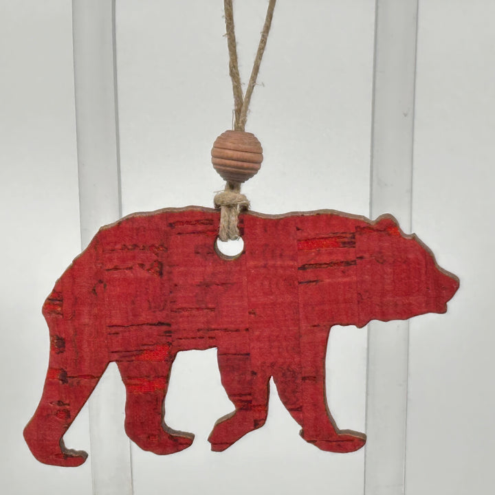 Last Best Supply Co Cork and Wood Bear Ornament, red