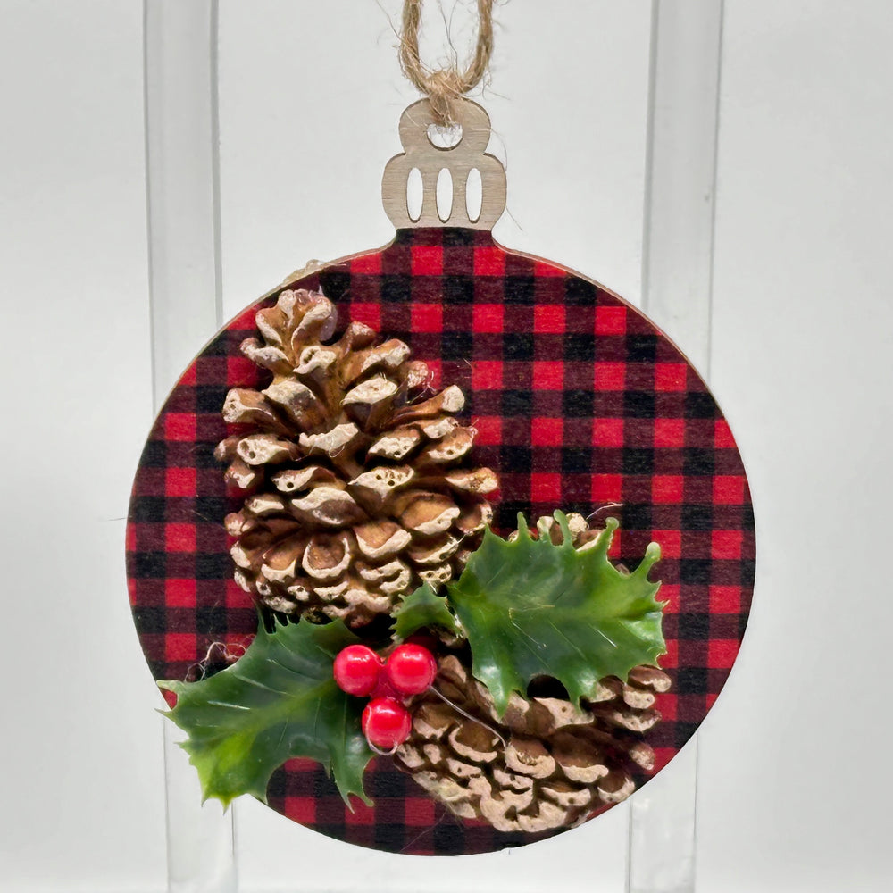 The Gnome Realm Woodland Ornaments, pinecones w/ holly