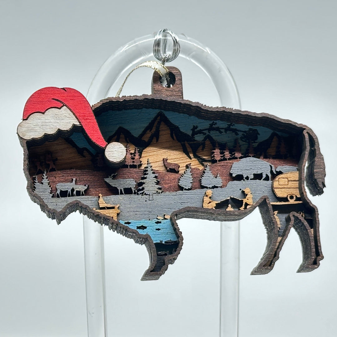 RJS Engraving & Design Bison in a Santa Hat Ornament
