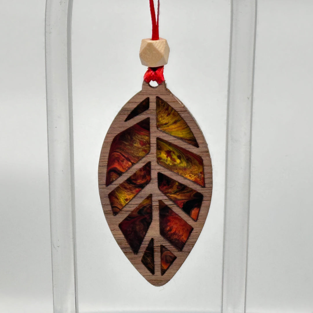 Presents of Mind Design Walnut & Acrylic hand-painted leaf ornament, Inferno 2
