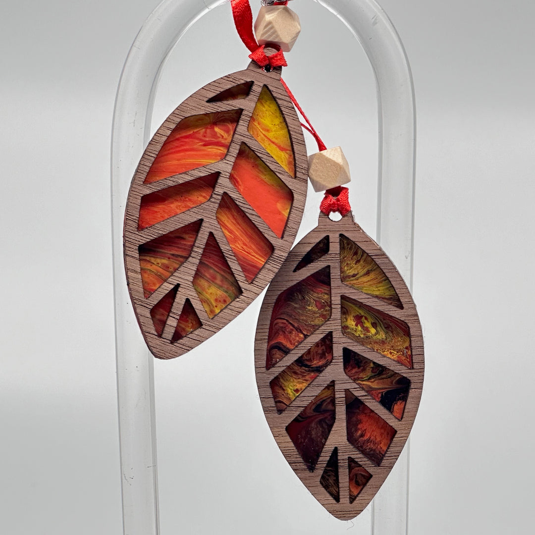 Presents of Mind Design Walnut & Acrylic hand-painted leaf ornament, Inferno (2 versions)