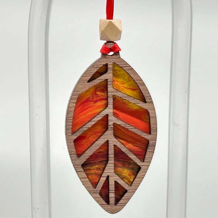 Presents of Mind Design Walnut & Acrylic hand-painted leaf ornament, Inferno 1