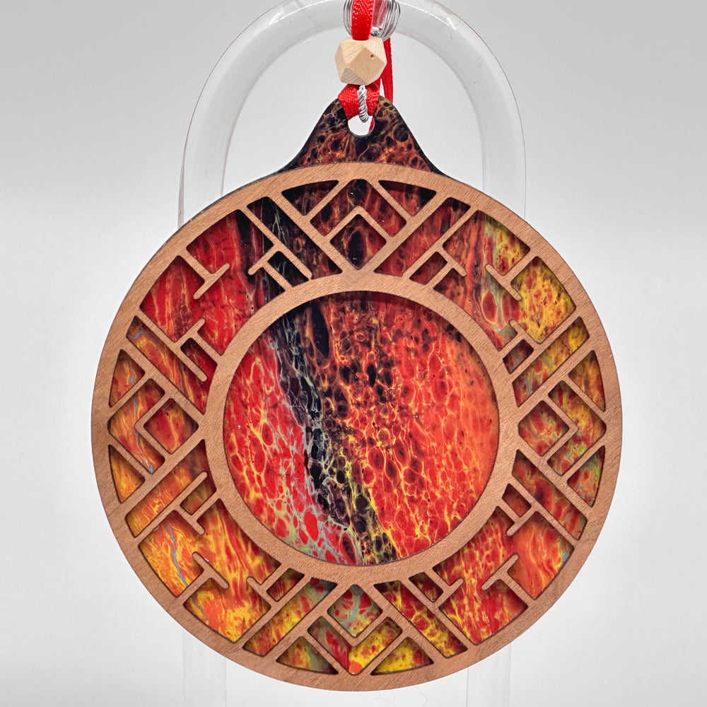 Presents of Mind Design Walnut & Acrylic hand-painted large ornament, Inferno