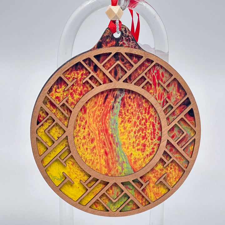 Presents of Mind Design Walnut & Acrylic hand-painted large ornament, Inferno 2