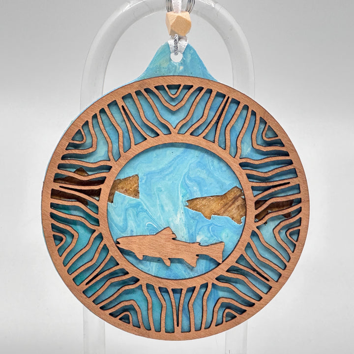 Presents of Mind Design Walnut & Acrylic hand-painted large ornament, Gyre with fish