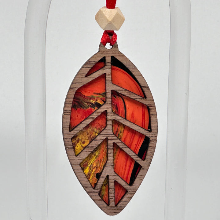 Presents of Mind Design Walnut & Acrylic hand-painted leaf ornament, Inferno 3