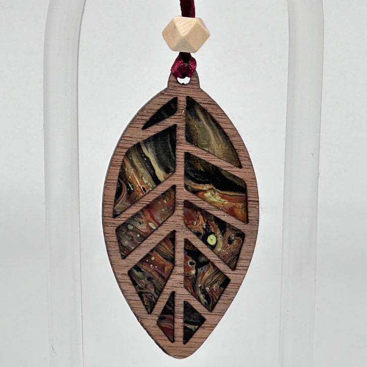 Presents of Mind Design Walnut & Acrylic hand-painted leaf ornament, Terra Firma 2